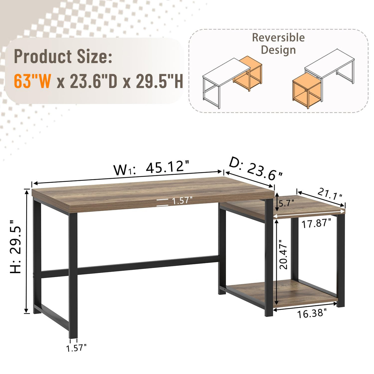 63 Inch Wood Computer Desk with Storage Shelves R974