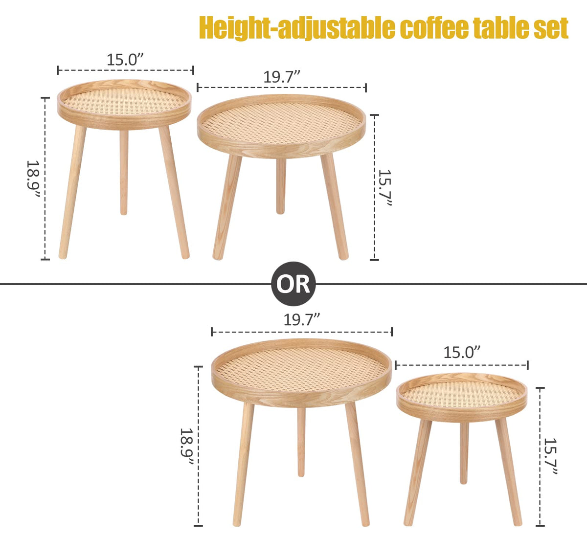 Round Coffee Table Set of 2 Natural Rattan M363