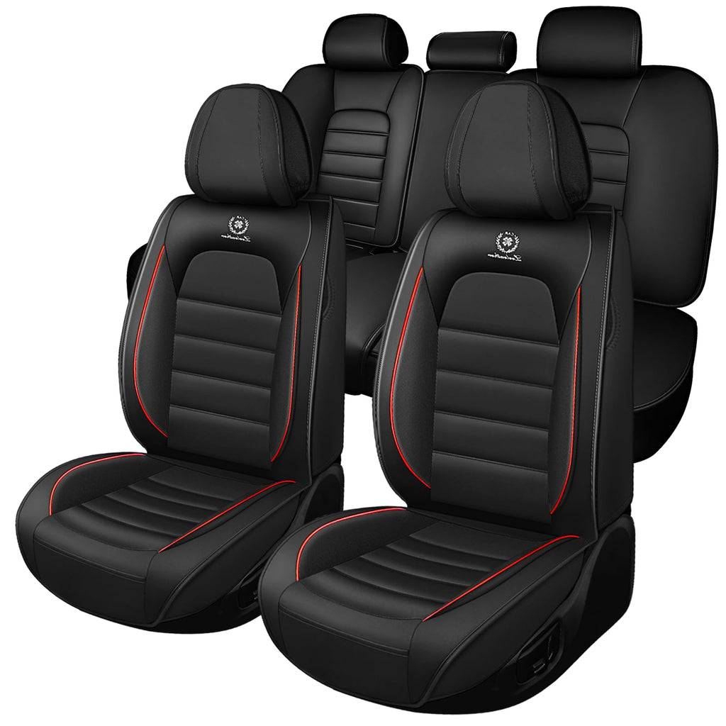 Waterproof Nappa Leather Car Seat Covers Standard 5 Seats Black & Red D5794