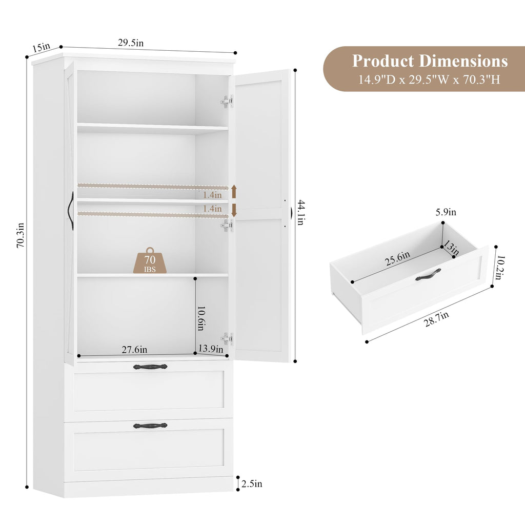 70" White Kitchen Pantry Storage Cabinet T851