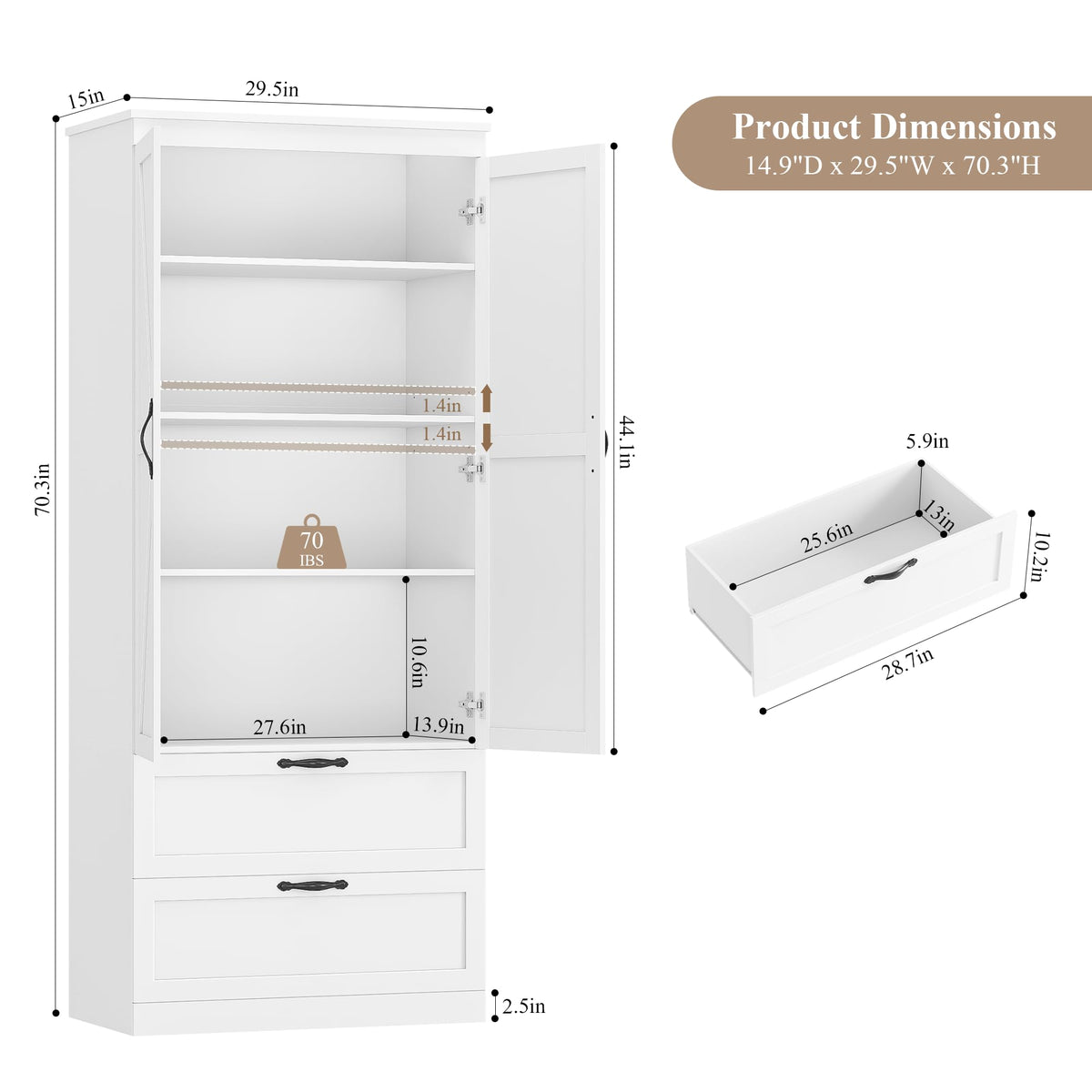 70" White Kitchen Pantry Storage Cabinet T851
