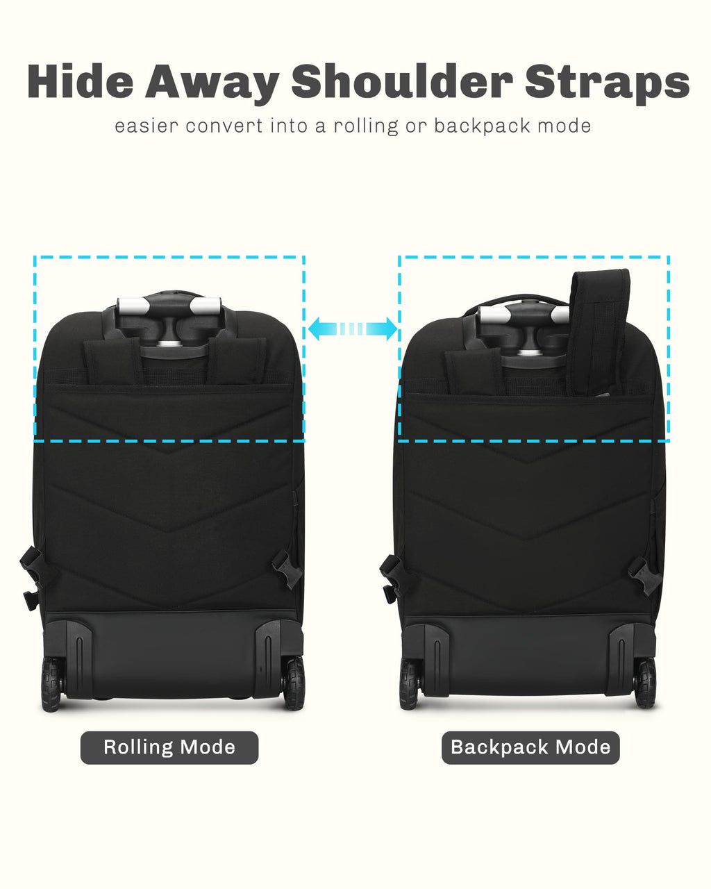 Rolling Backpack with Wheels 43L with Waist Pack Black Q76080