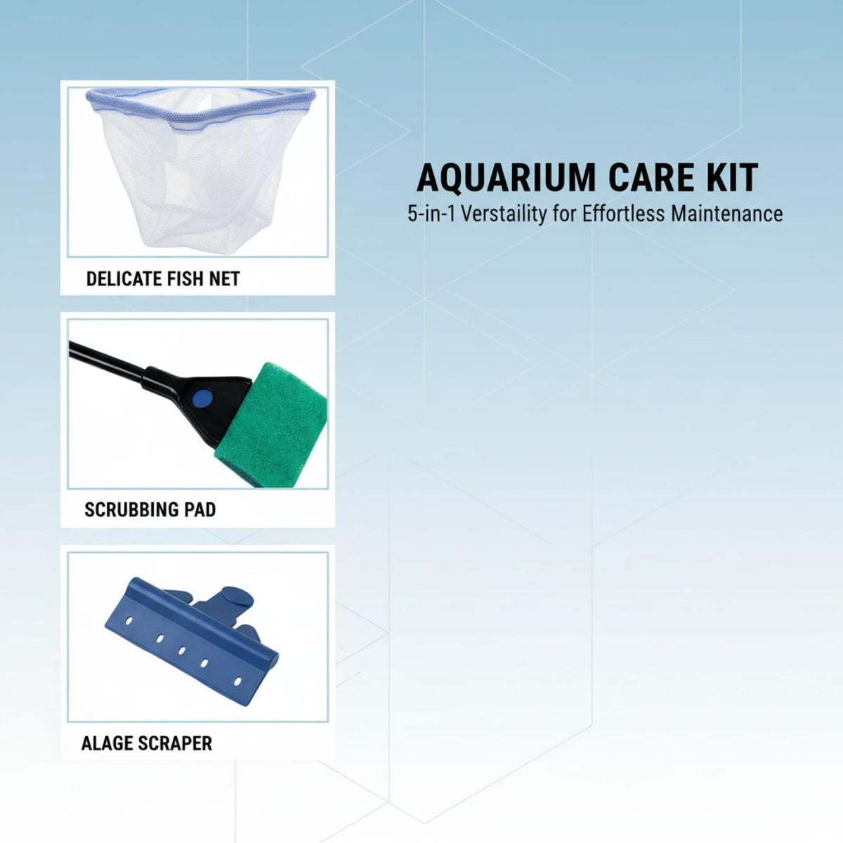 5-in-1 Aquarium Cleaning Kit with Algae Scraper Gravel Rake Fish Net H2395