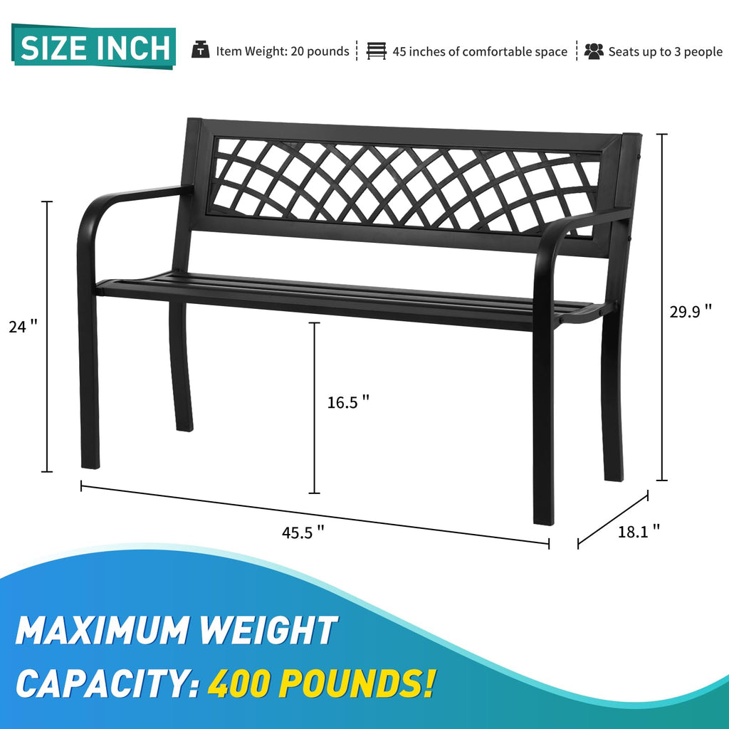 Black Iron Steel Outdoor Bench with Backrest and Armrests X776491