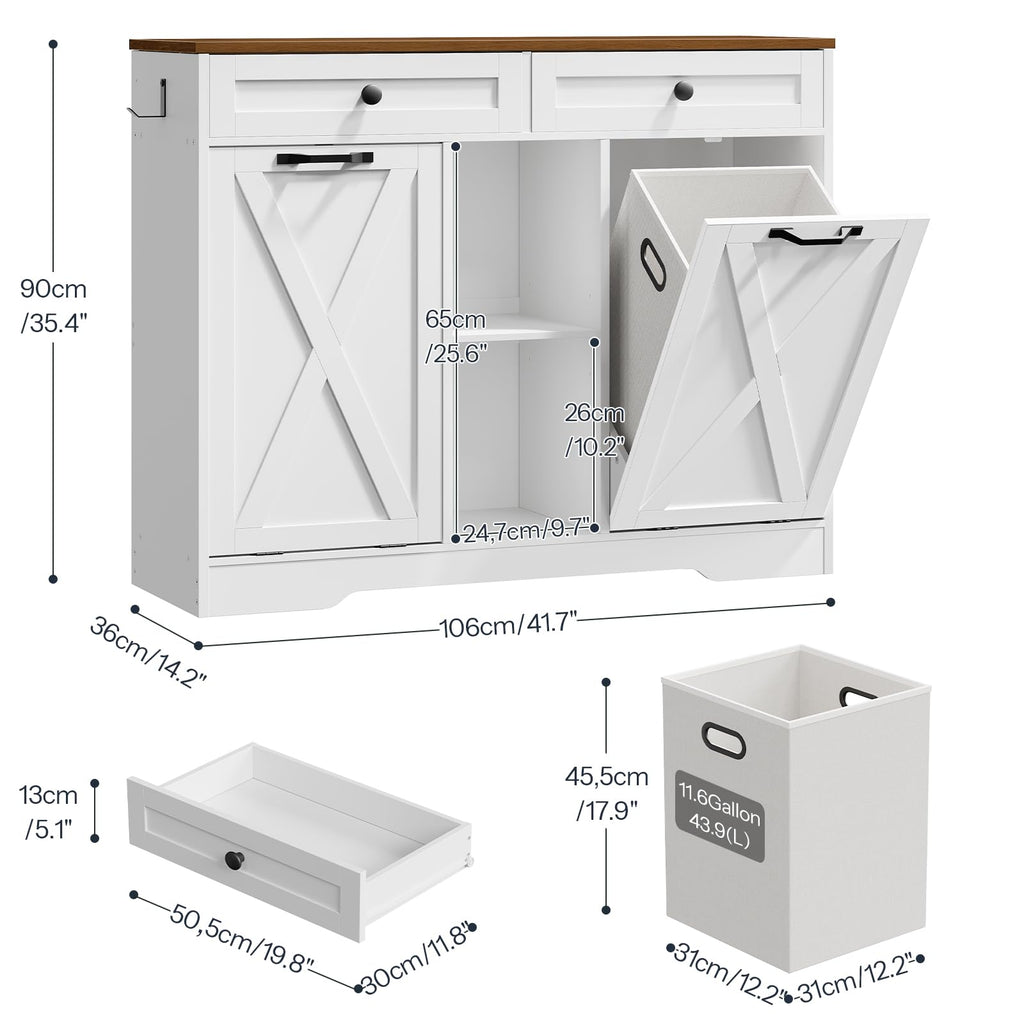 White and Walnut 23 Gallon Laundry Hamper Cabinet with 2 Drawers A337