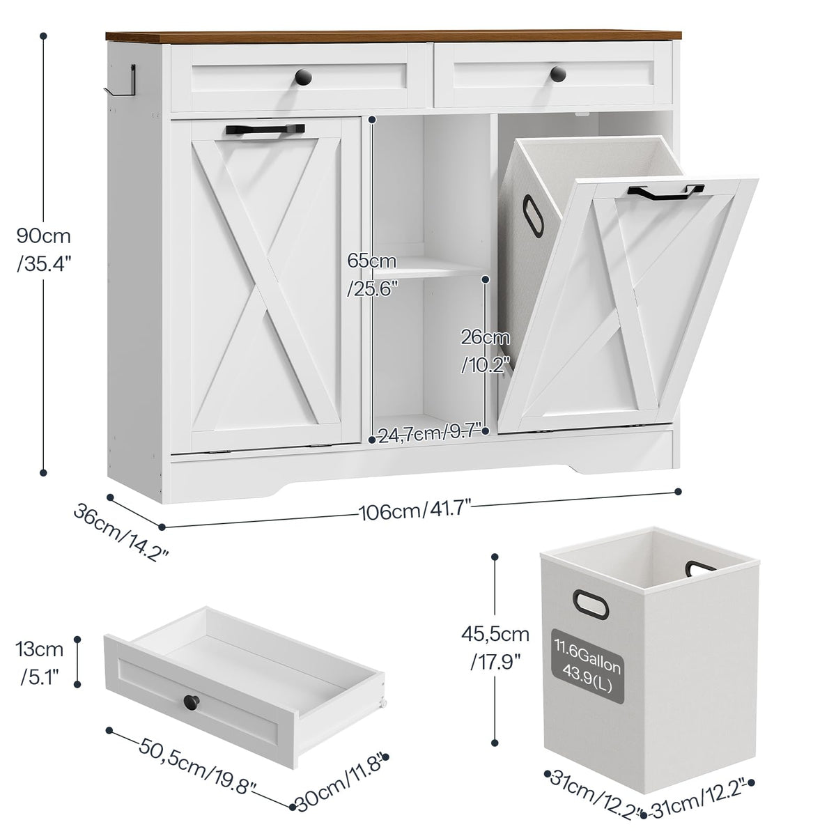 White and Walnut 23 Gallon Laundry Hamper Cabinet with 2 Drawers A337