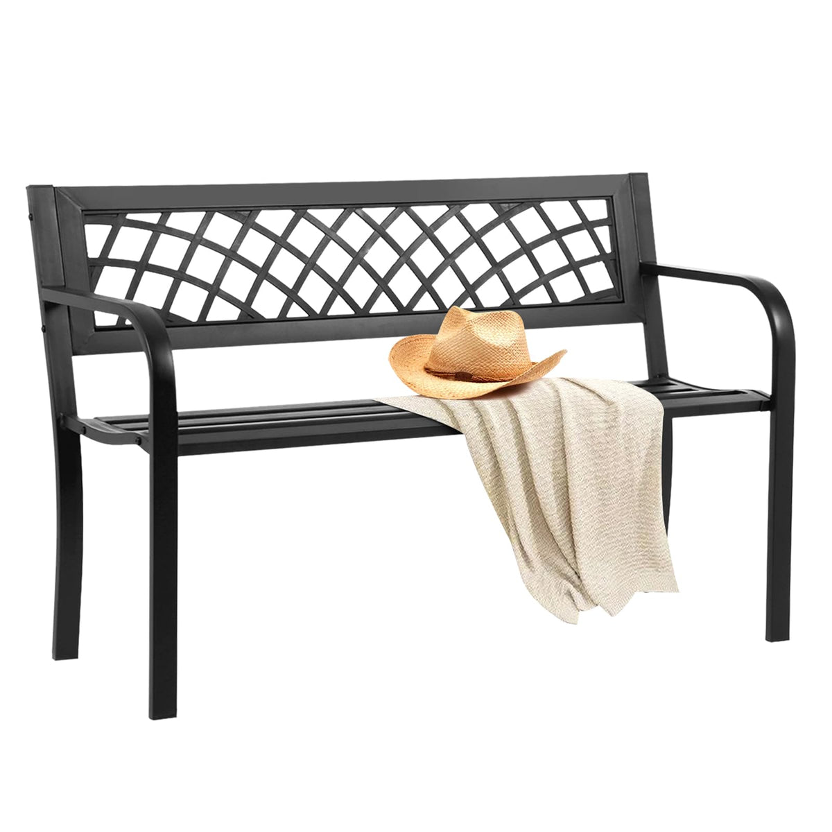 Black Iron Steel Outdoor Bench with Backrest and Armrests X776491