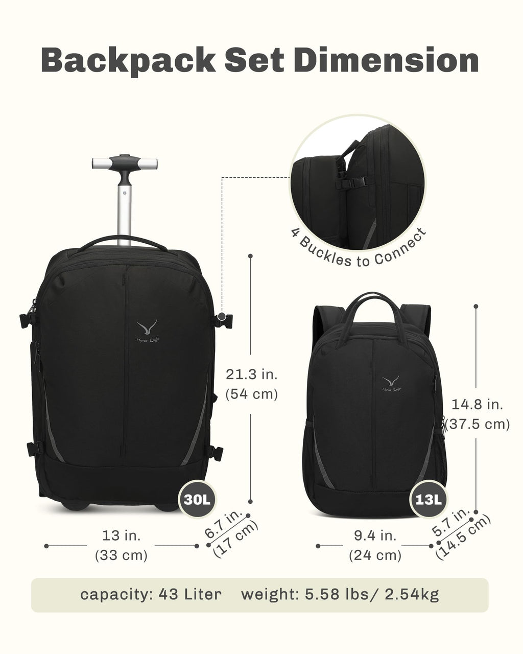 Rolling Backpack with Wheels 43L with Waist Pack Black Q76080