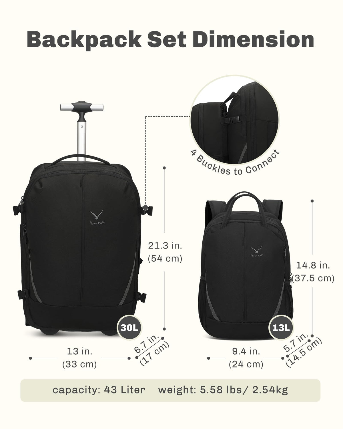 Rolling Backpack with Wheels 43L with Waist Pack Black Q76080