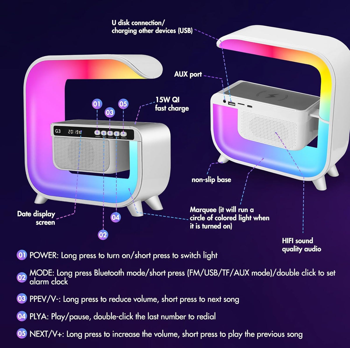 Table Lamp with Bluetooth Speaker, Wireless Charger, Alarm Clock P6903