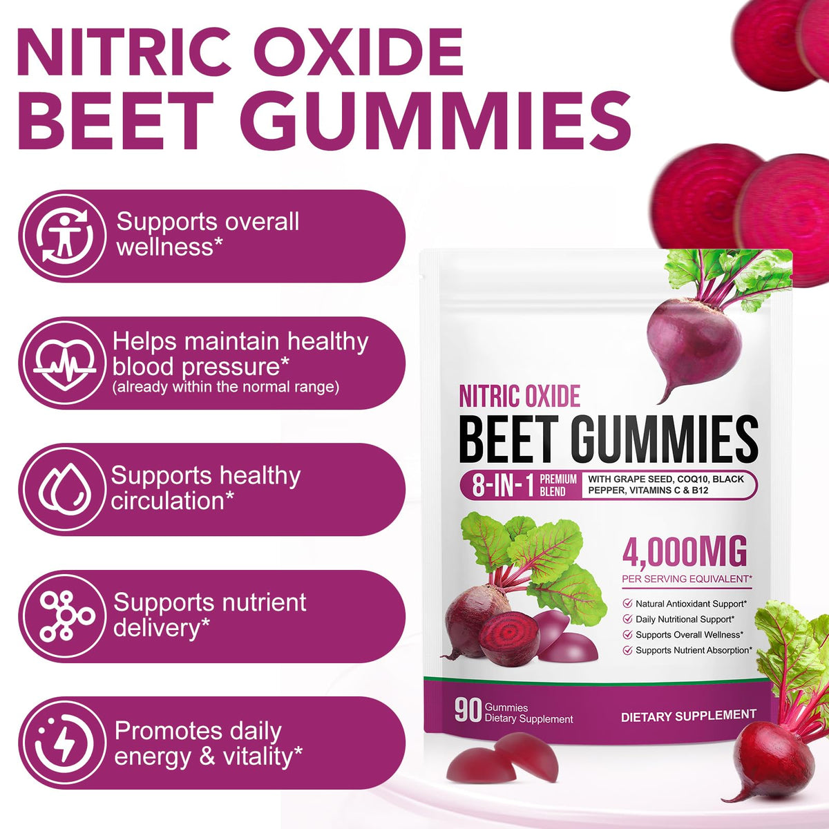 Sugar Free Beet Root Gummies with CoQ10, Grapeseed Extract, Vitamin B12, C S715632