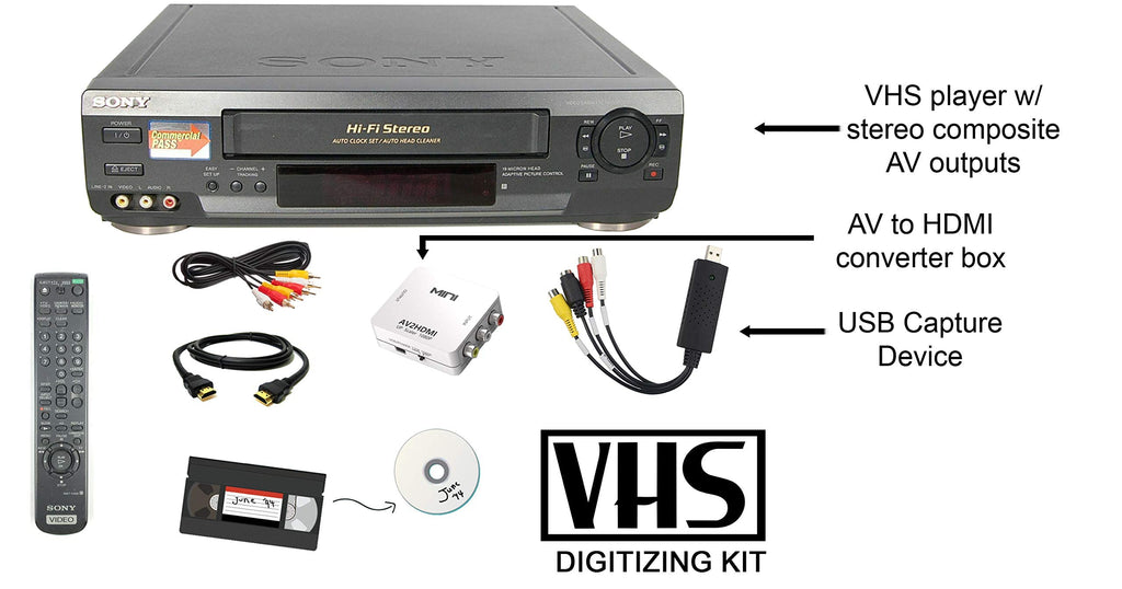 VCR VHS Transfer Bundle with Remote, USB Adapter, HDMI Converter A78709
