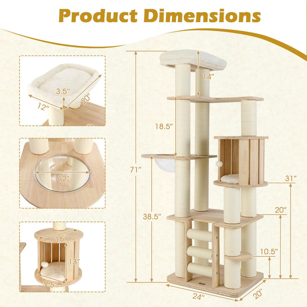 71” Tall Multi-Layer Wood Cat Tree with Scratching Posts X823678
