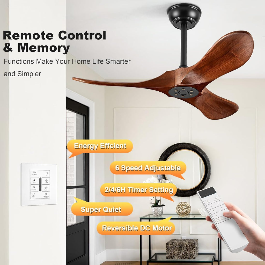 Solid Wood 3 Blade Ceiling Fan with Remote Wall Control K1661