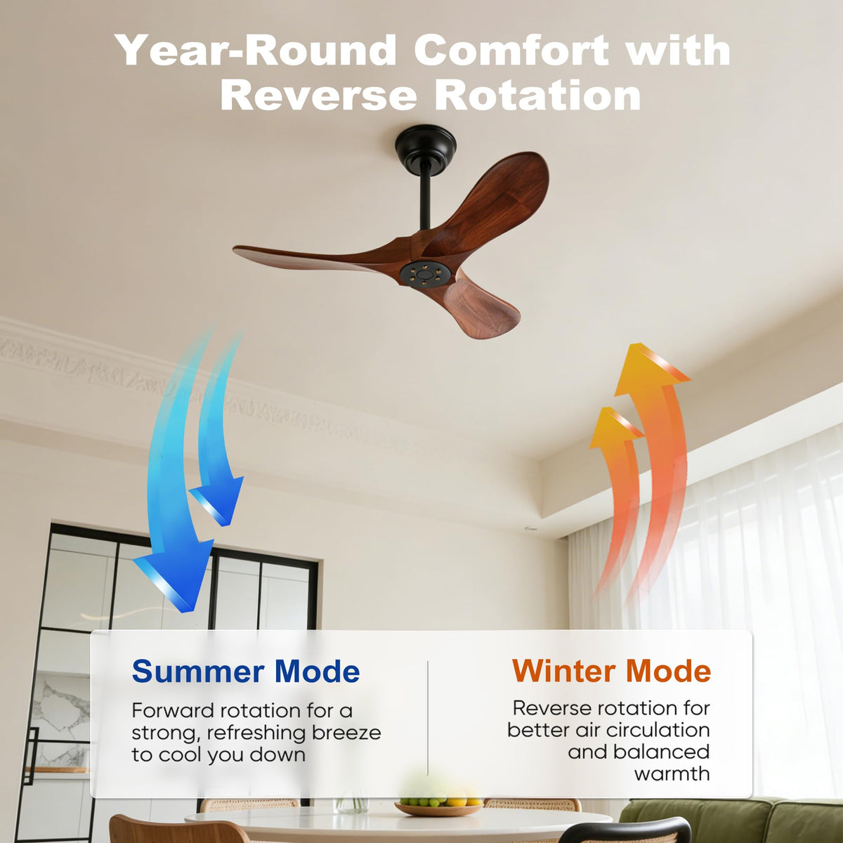 Solid Wood 3 Blade Ceiling Fan with Remote Wall Control K1661