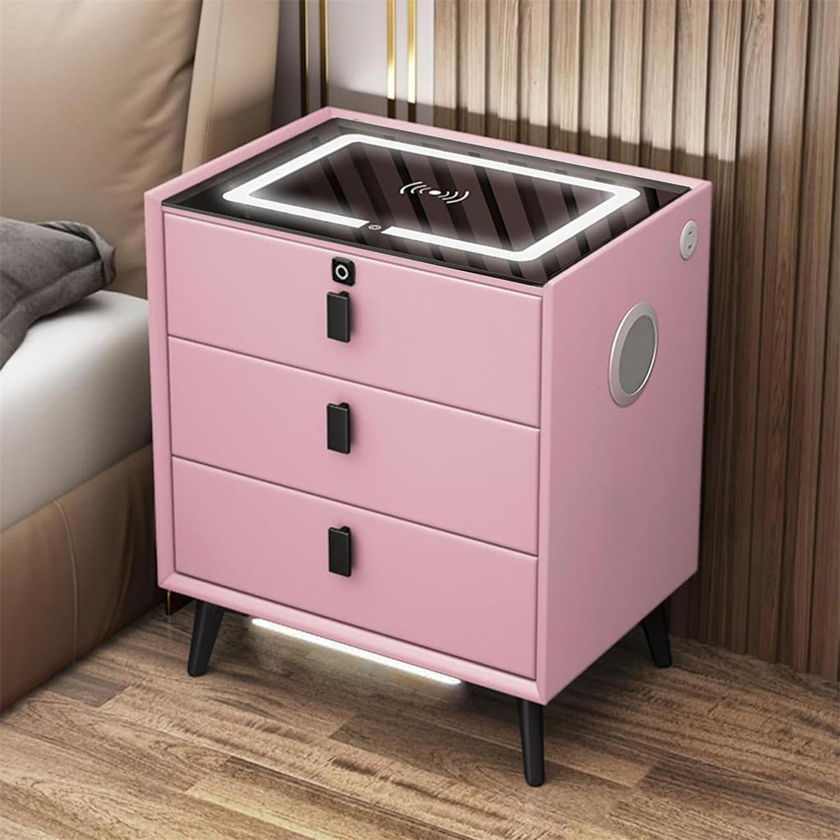 Pink 3 Drawer Nightstand with Charging Station and Speakers R25243