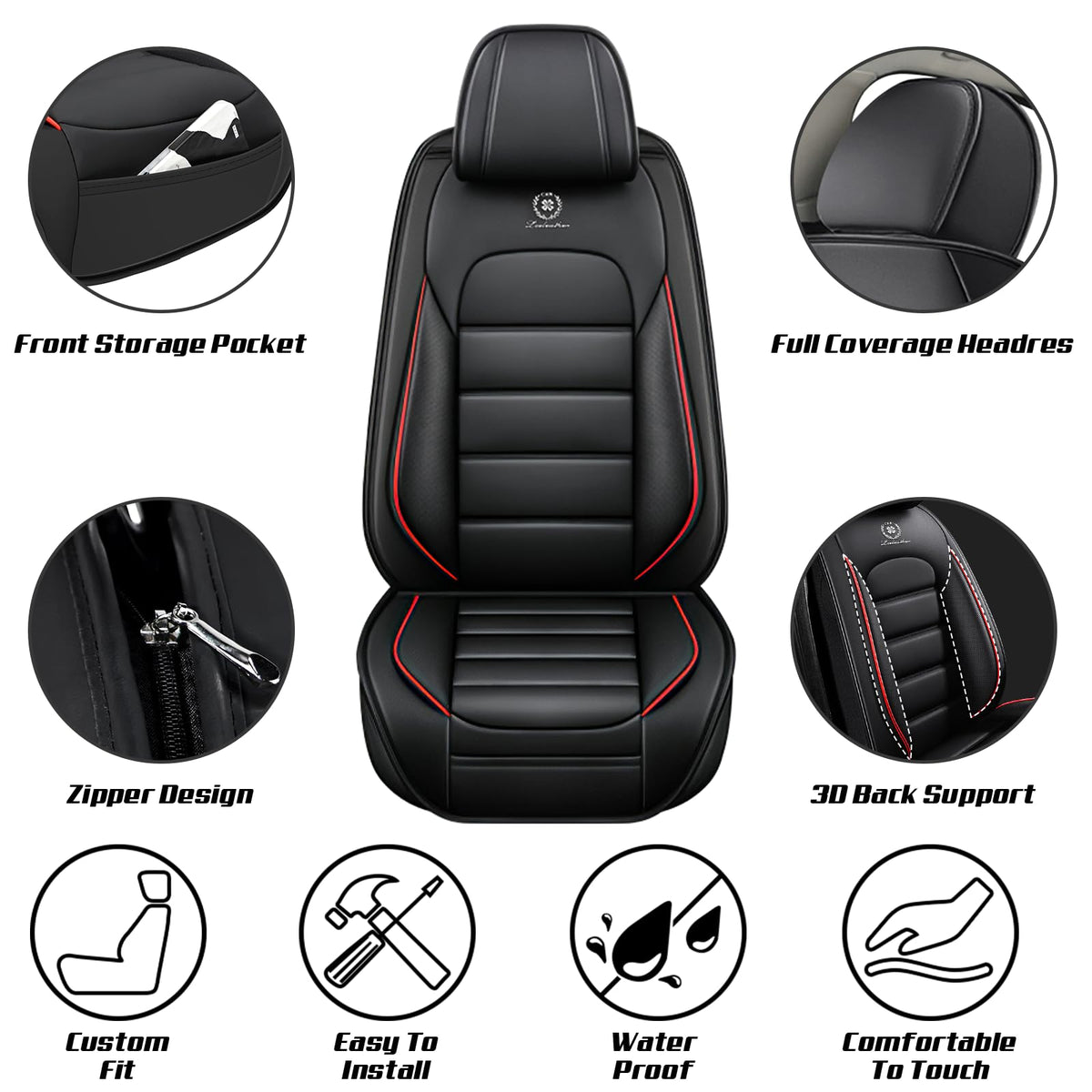 Waterproof Nappa Leather Car Seat Covers Standard 5 Seats Black & Red D5794