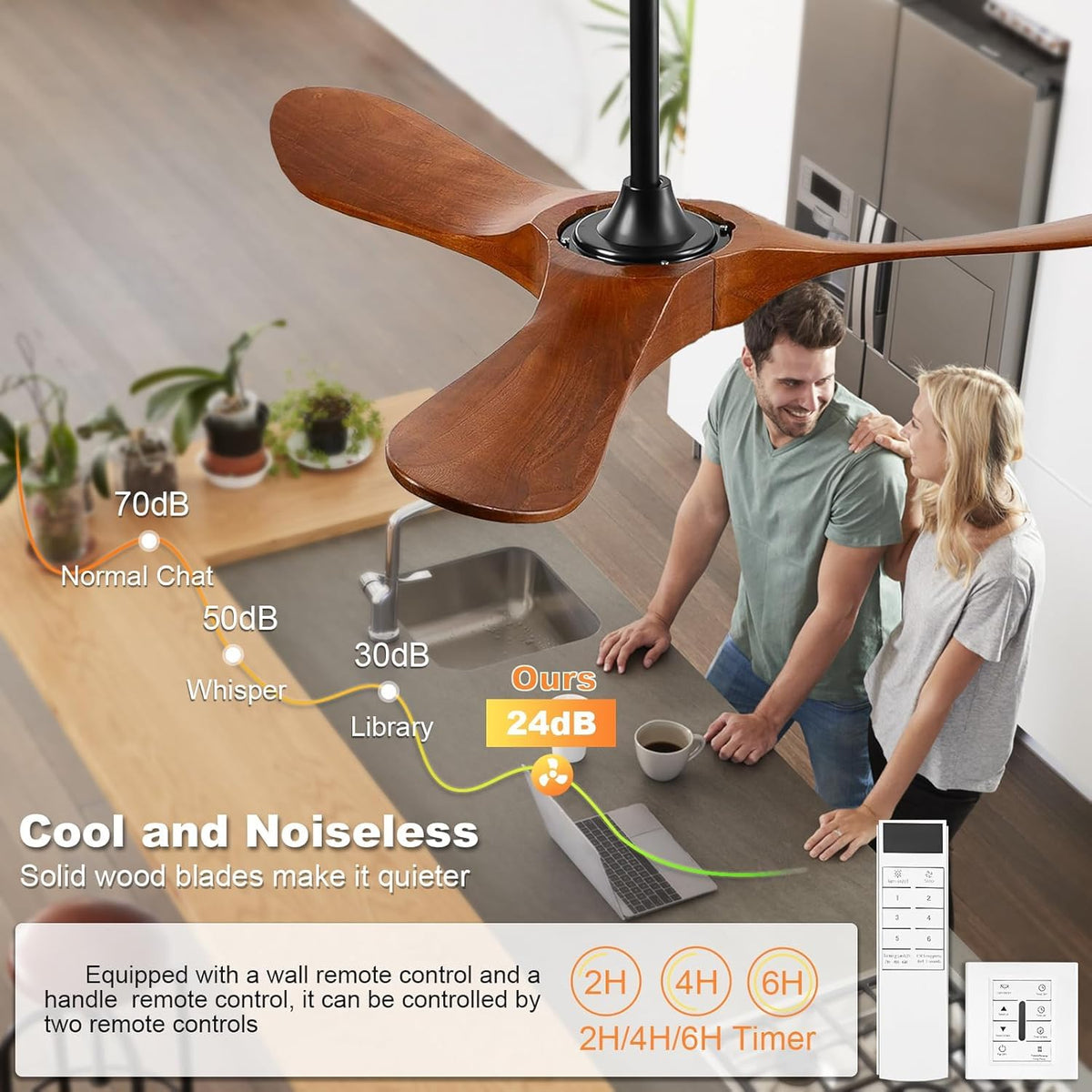 Solid Wood 3 Blade Ceiling Fan with Remote Wall Control K1661