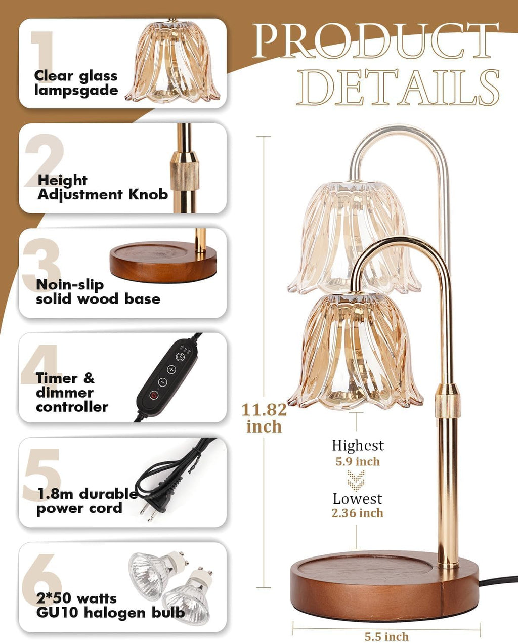 Gold Candle Warmer Lamp with Timer & Dimmer G703951