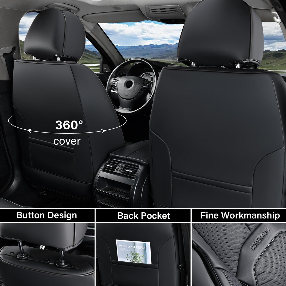 Black Leather Car Seat Covers Full Set U8203
