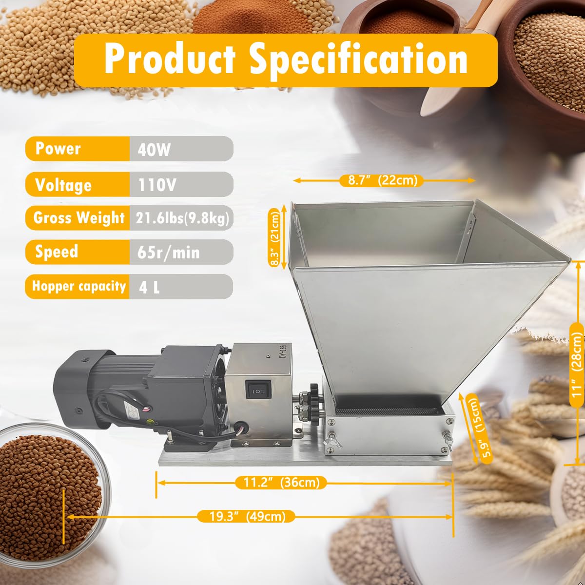110V 60W 75RPM Stainless Steel Grain Mill with 4 Hopper and 2 Rollers F36690