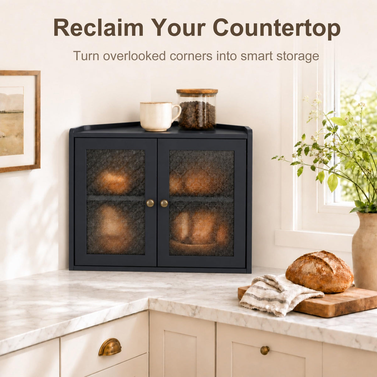 Black 2-Tier Wooden Corner Bread Box S78929