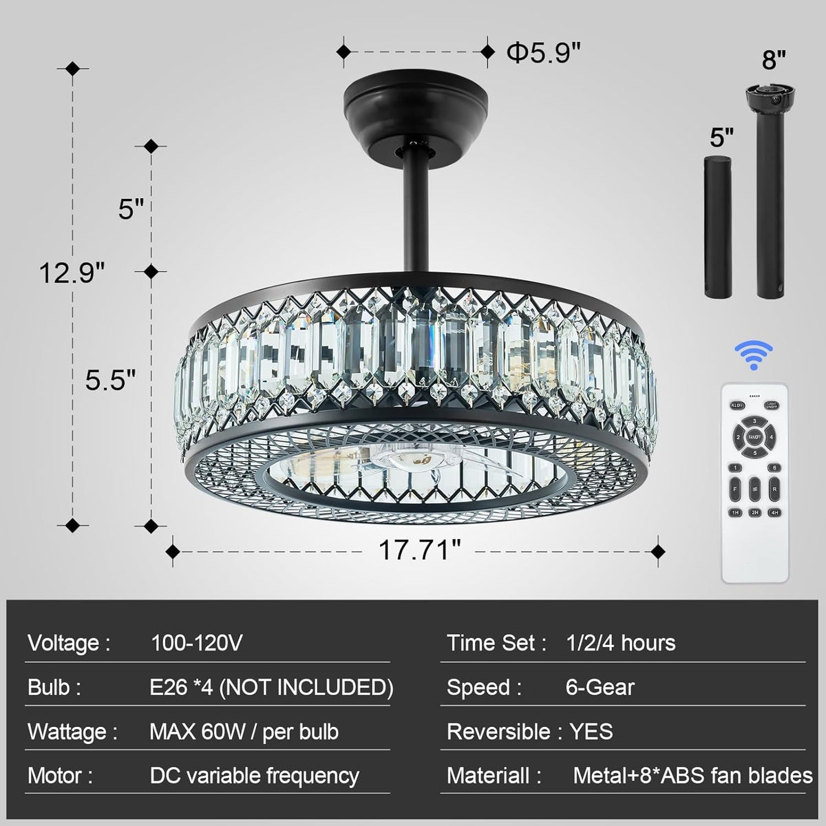 20" Black Crystal Ceiling Fan with Lights E5522