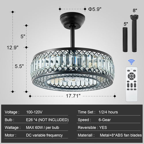 20" Black Crystal Ceiling Fan with Lights E5522