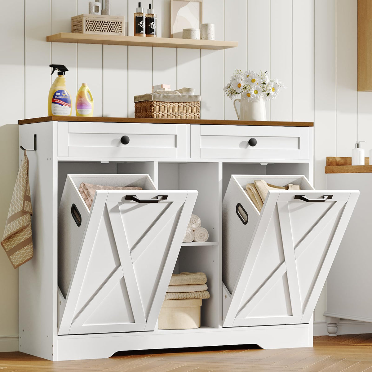 White and Walnut 23 Gallon Laundry Hamper Cabinet with 2 Drawers A337