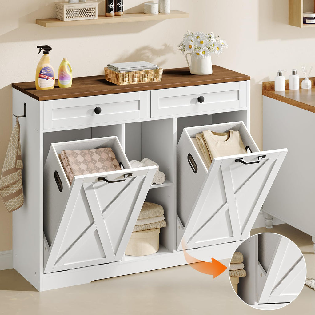 White and Walnut 23 Gallon Laundry Hamper Cabinet with 2 Drawers A337