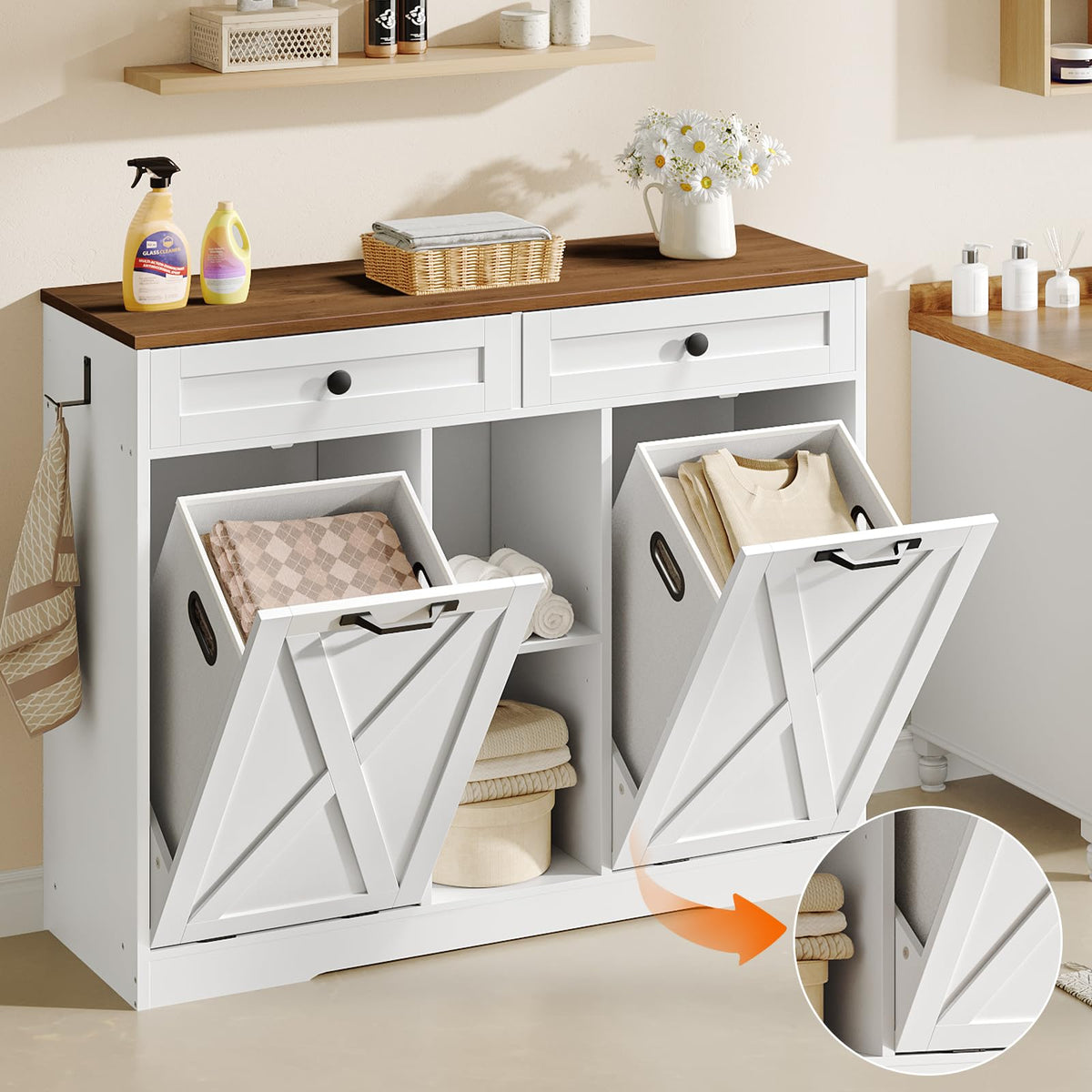 White and Walnut 23 Gallon Laundry Hamper Cabinet with 2 Drawers A337