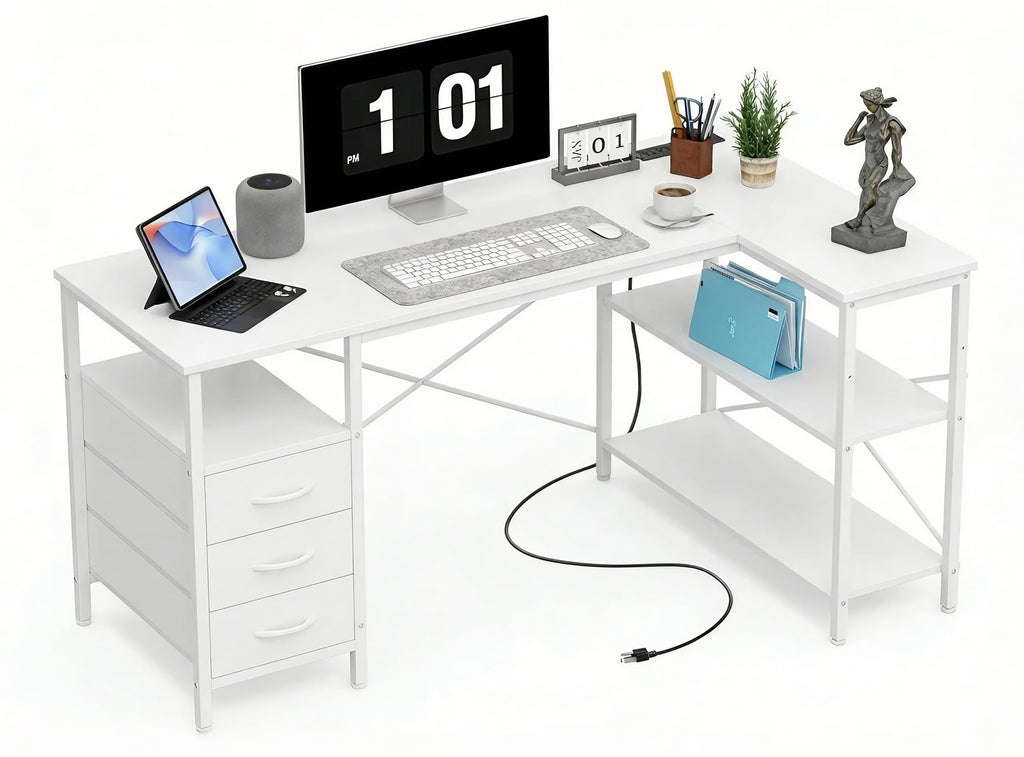 White 47 Inch L Shaped Gaming Desk with 3 Drawers and Shelves P7884