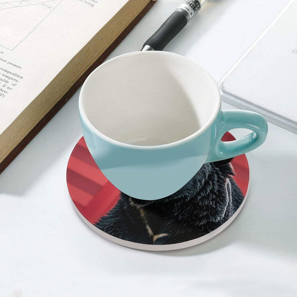 Ceramic Coaster Set of 6 Black Bear Red and Black Plaid Round Coasters Y2792