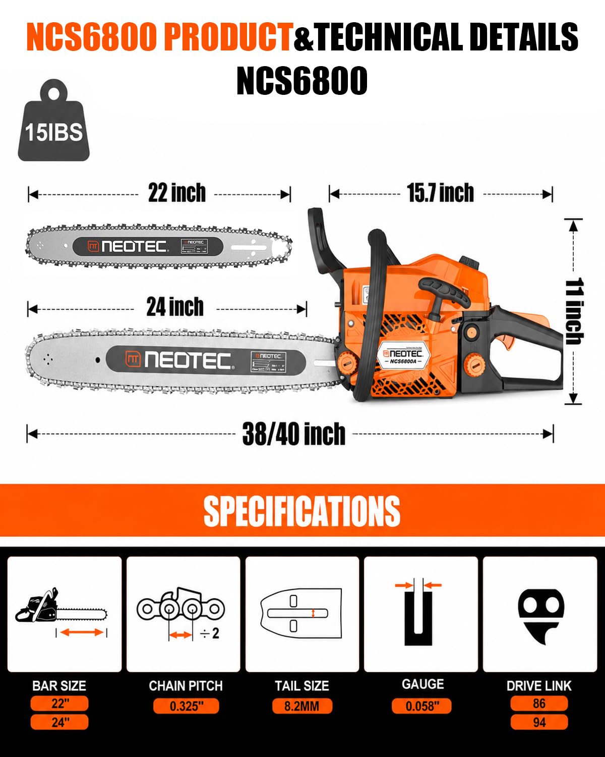 68CC Gas Powered Chainsaw 22 24 Inch Bars 2-Cycle Q402