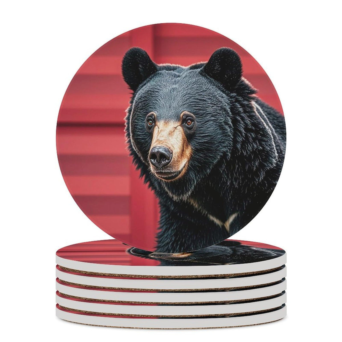 Ceramic Coaster Set of 6 Black Bear Red and Black Plaid Round Coasters Y2792