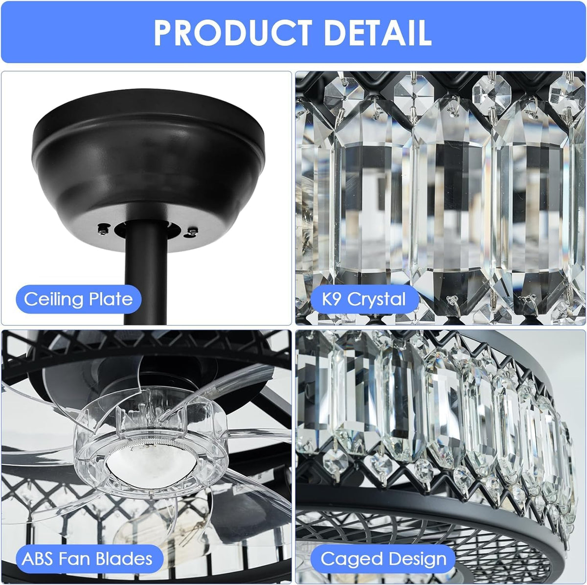 20" Black Crystal Ceiling Fan with Lights E5522