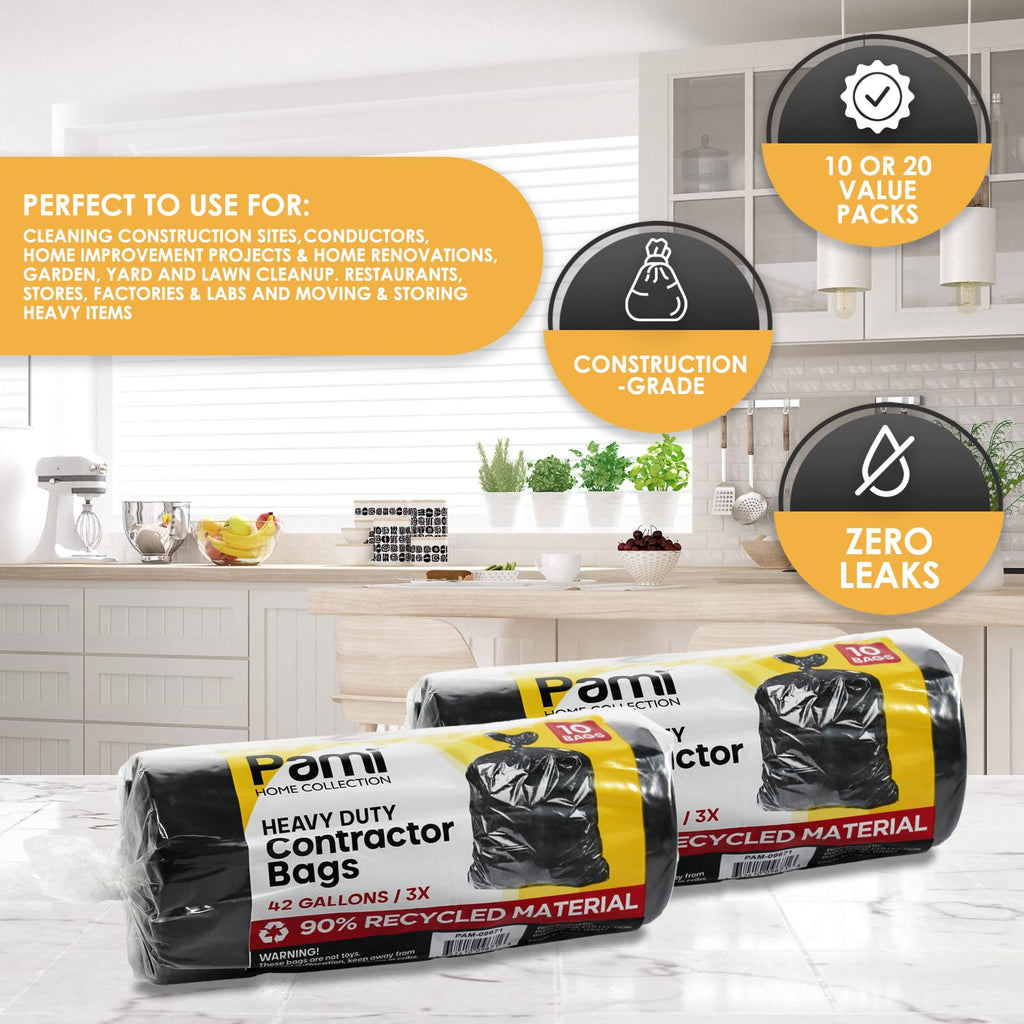 Heavy Duty 42-Gallon Contractor Trash Bags, Tear Resistant, Black, 10 Ct W477