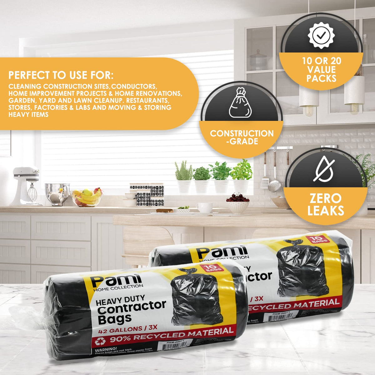 Heavy Duty 42-Gallon Contractor Trash Bags, Tear Resistant, Black, 10 Ct W477