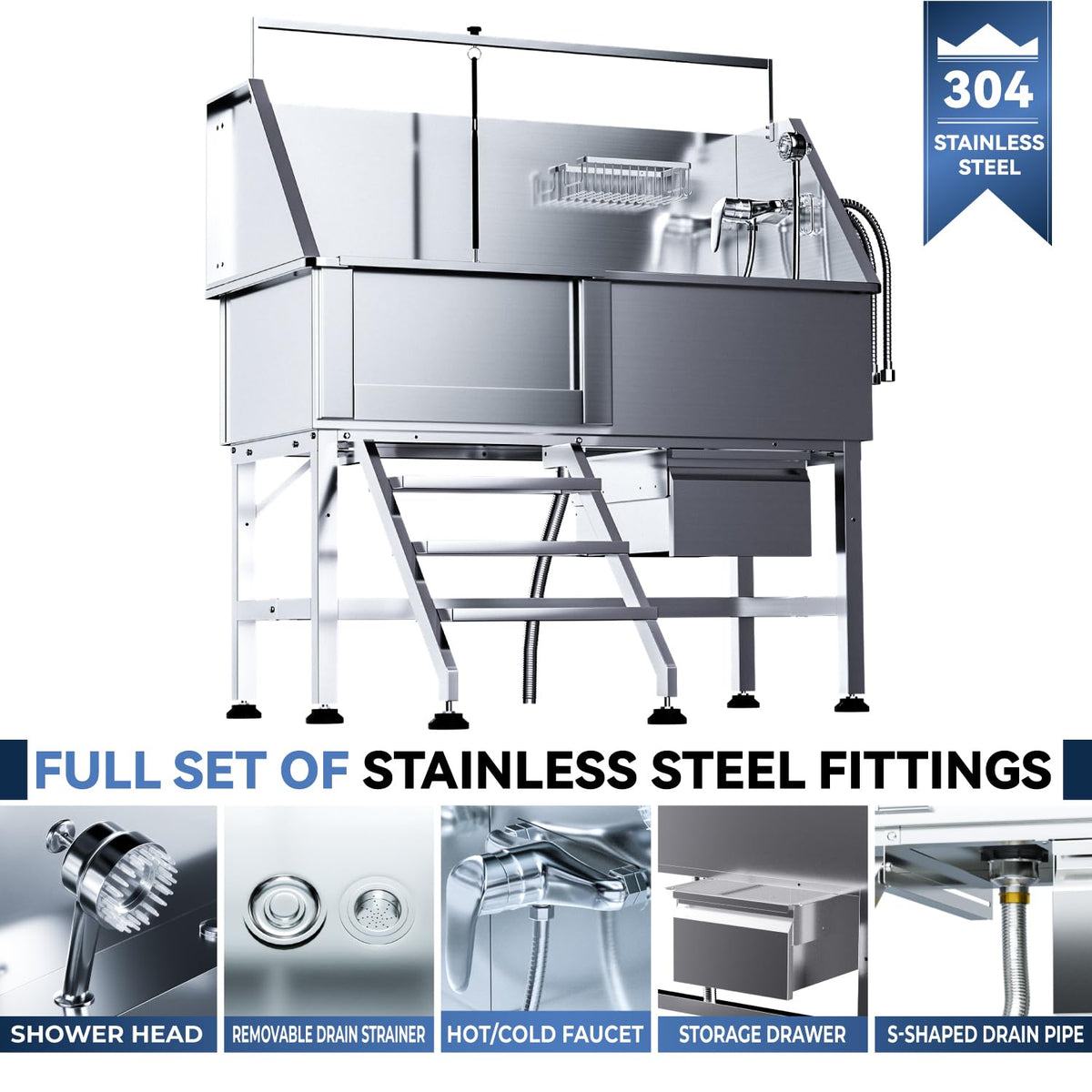 46" Stainless Steel Dog Washing Station with Stairs W551090
