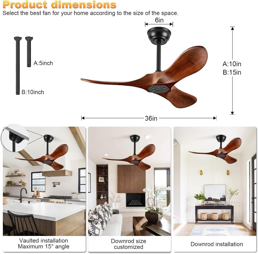 Solid Wood 3 Blade Ceiling Fan with Remote Wall Control K1661