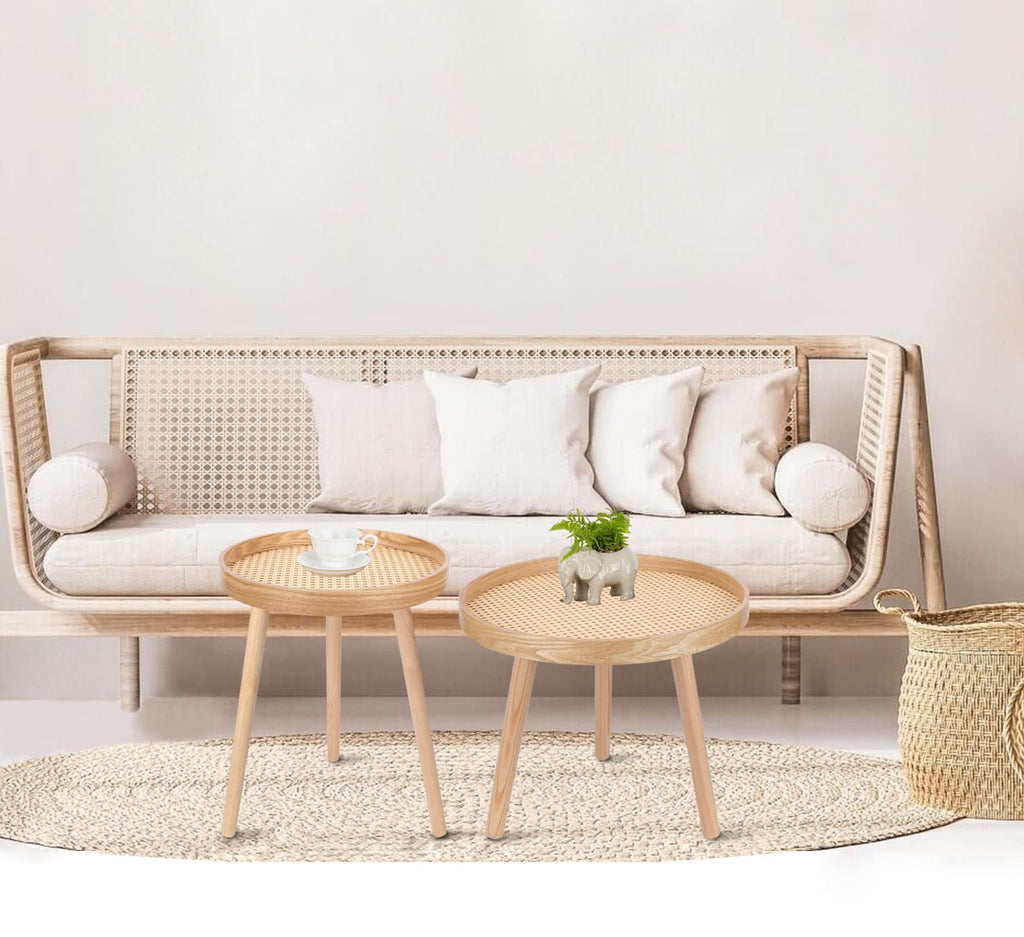 Round Coffee Table Set of 2 Natural Rattan M363