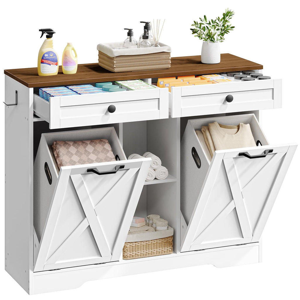 White and Walnut 23 Gallon Laundry Hamper Cabinet with 2 Drawers A337