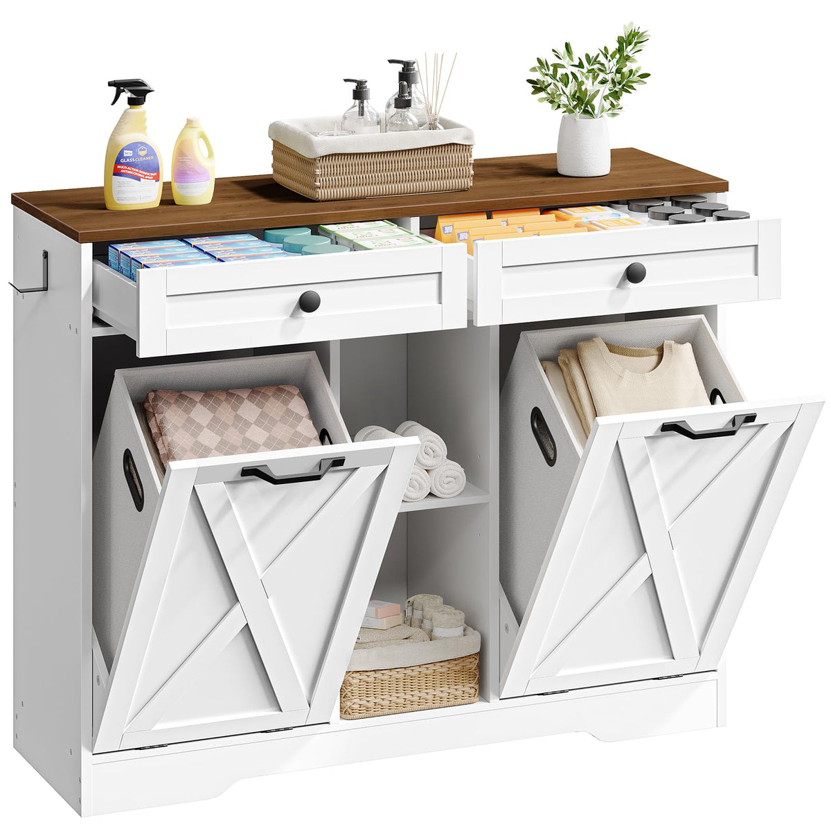 White and Walnut 23 Gallon Laundry Hamper Cabinet with 2 Drawers A337