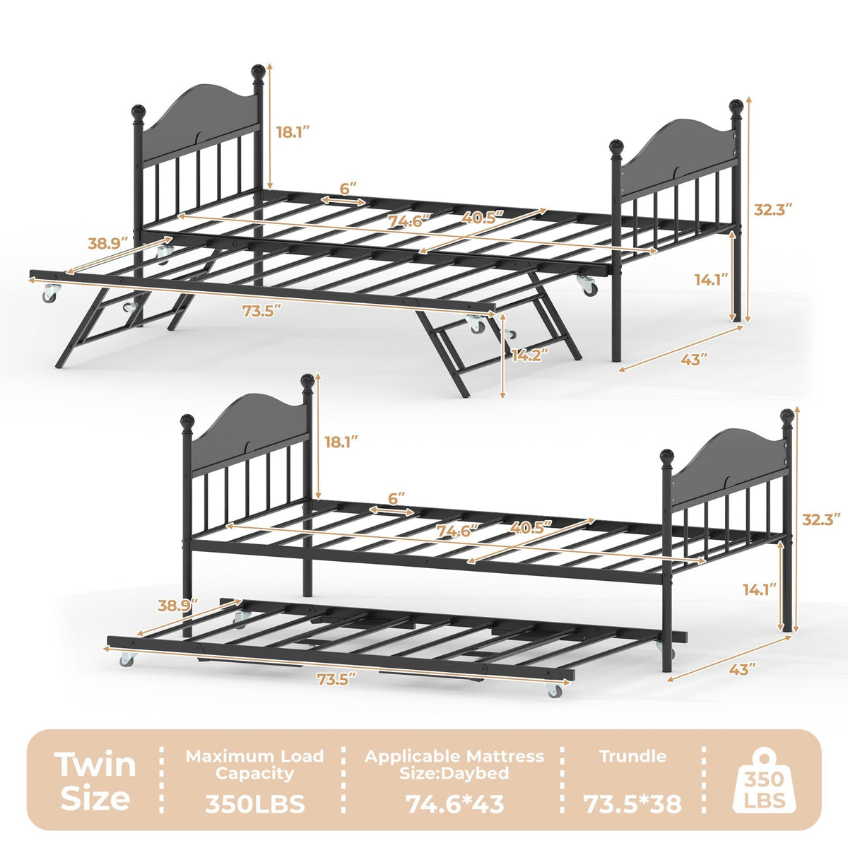Black Daybed with Pop Up Trundle V532631
