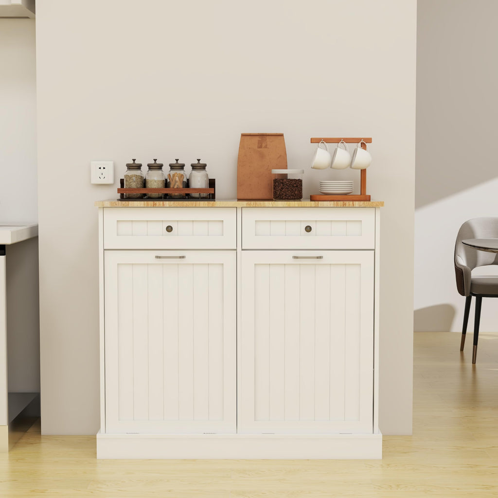 White 20 Gallon Wooden Tilt Out Trash and Recycling Cabinet T192