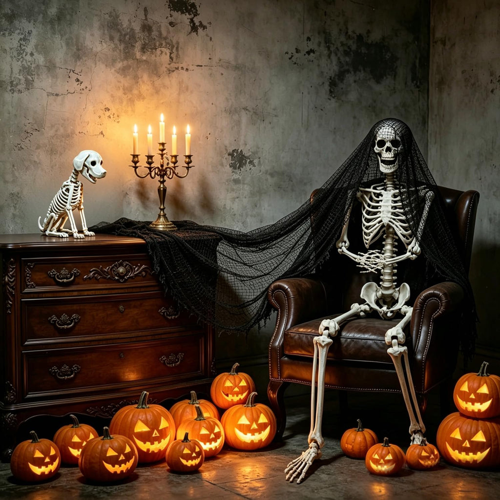 Life Size Posable Skeleton with Dog & Creepy Cloth S3507