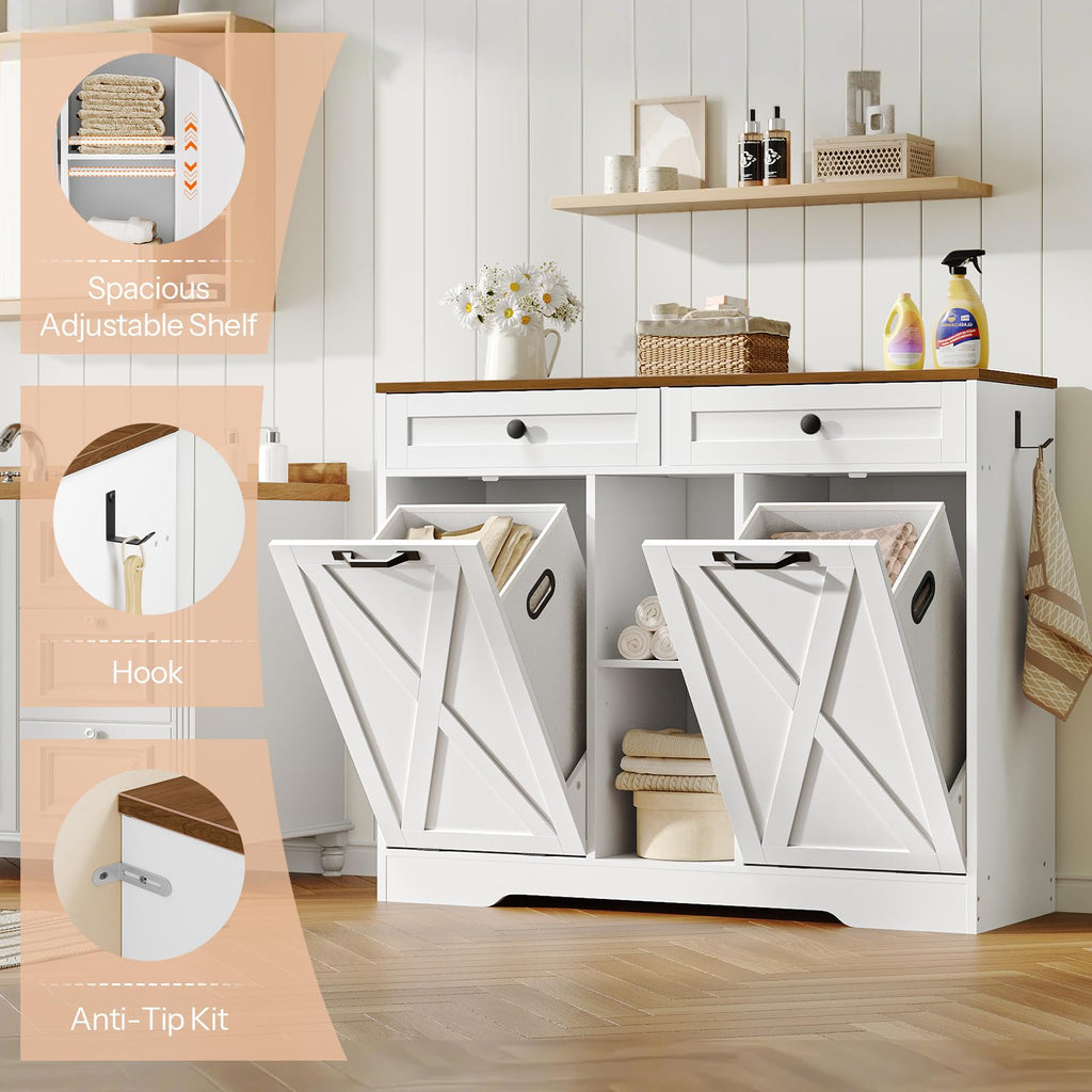 White and Walnut 23 Gallon Laundry Hamper Cabinet with 2 Drawers A337