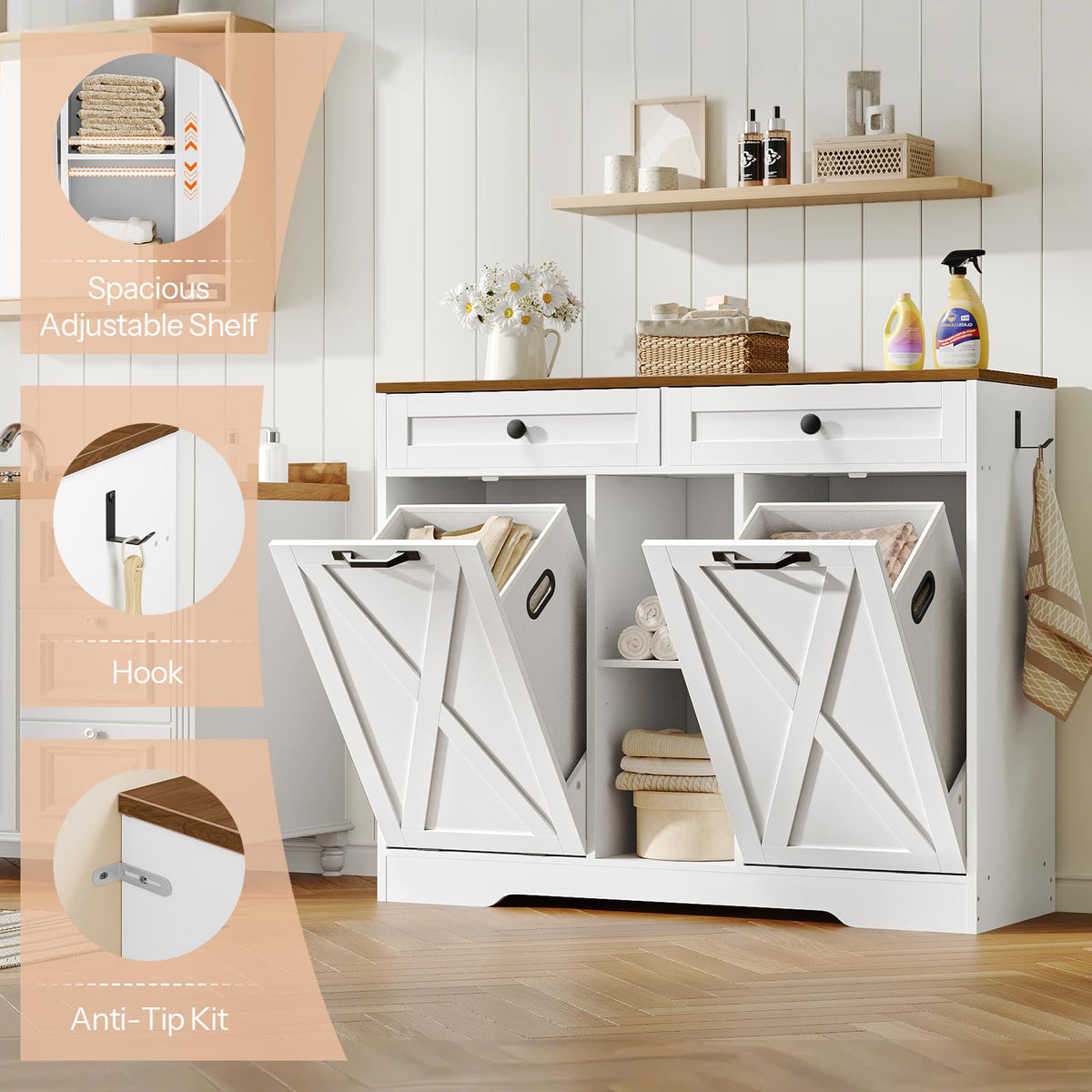White and Walnut 23 Gallon Laundry Hamper Cabinet with 2 Drawers A337