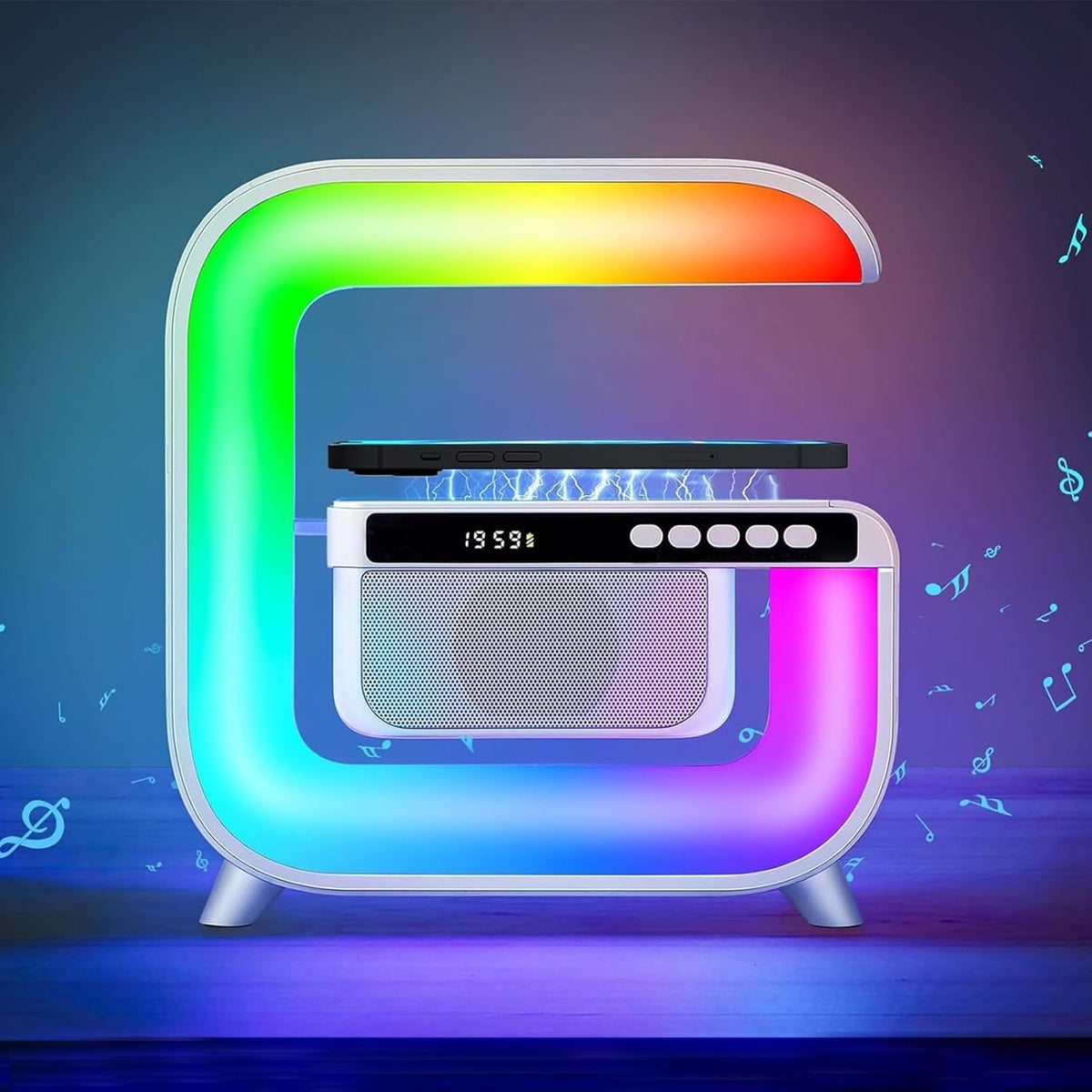 Table Lamp with Bluetooth Speaker, Wireless Charger, Alarm Clock P6903