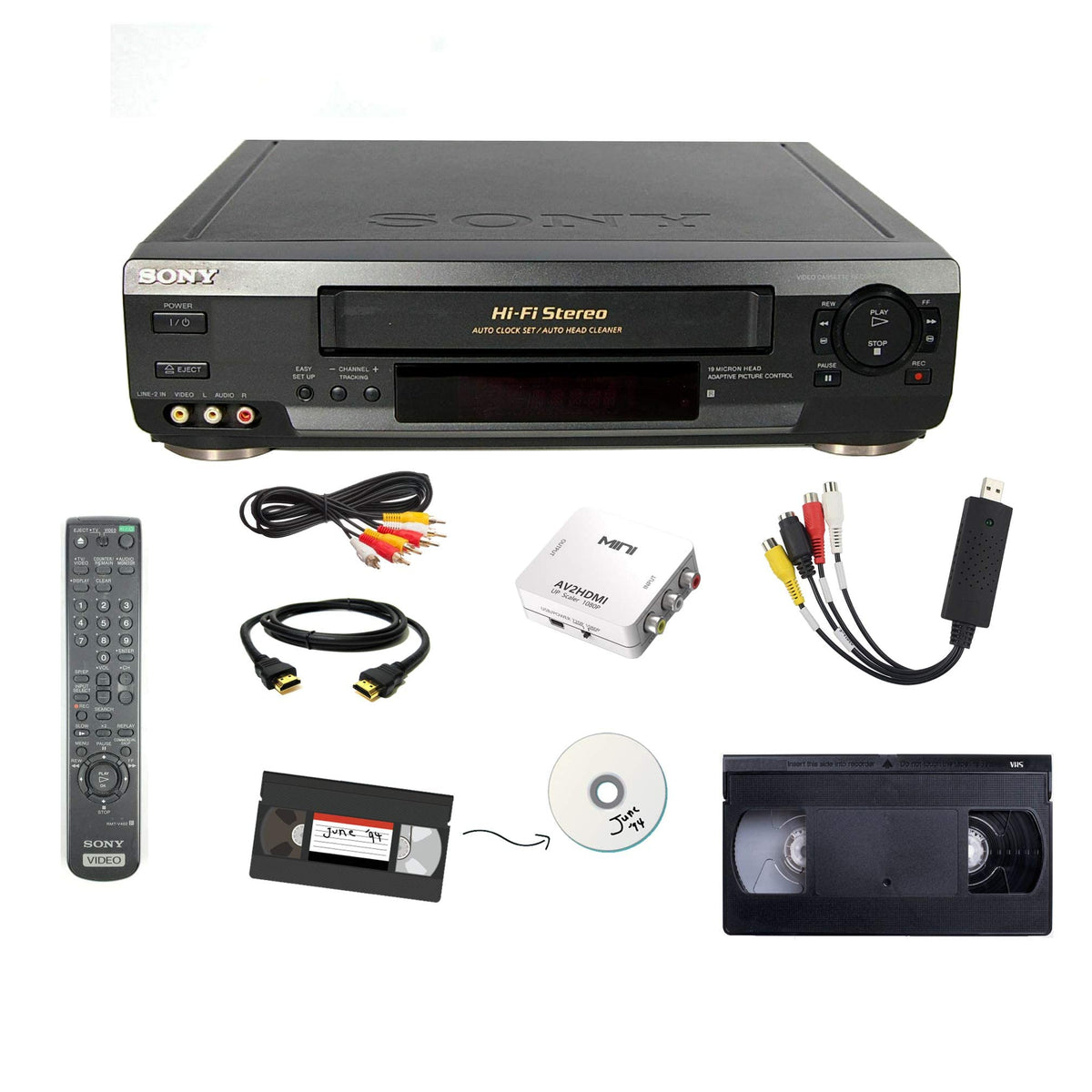 VCR VHS Transfer Bundle with Remote, USB Adapter, HDMI Converter A78709
